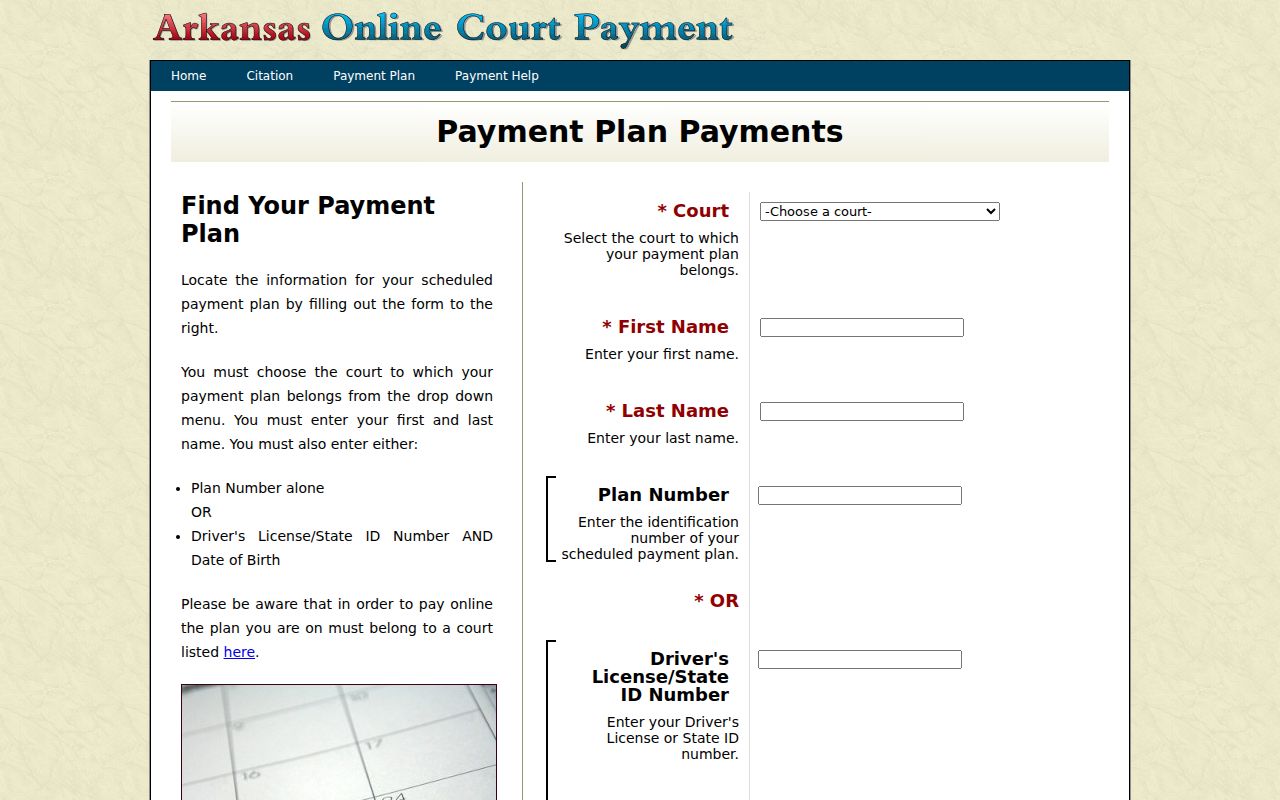 Arkansas traffic court record guide showing a blank eTraffic payment plan form