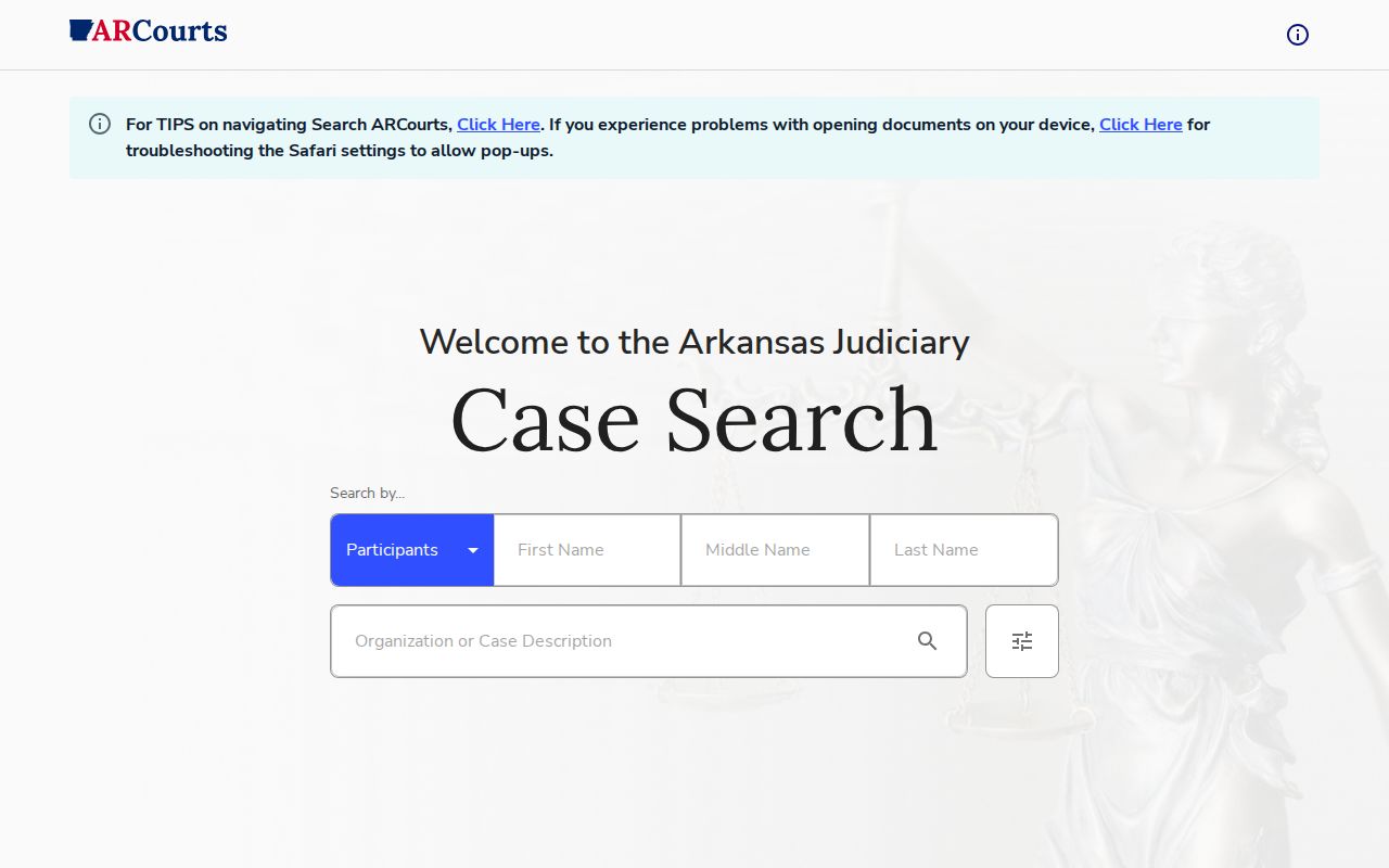 Arkansas court docket search screen with blank statewide case-search fields
