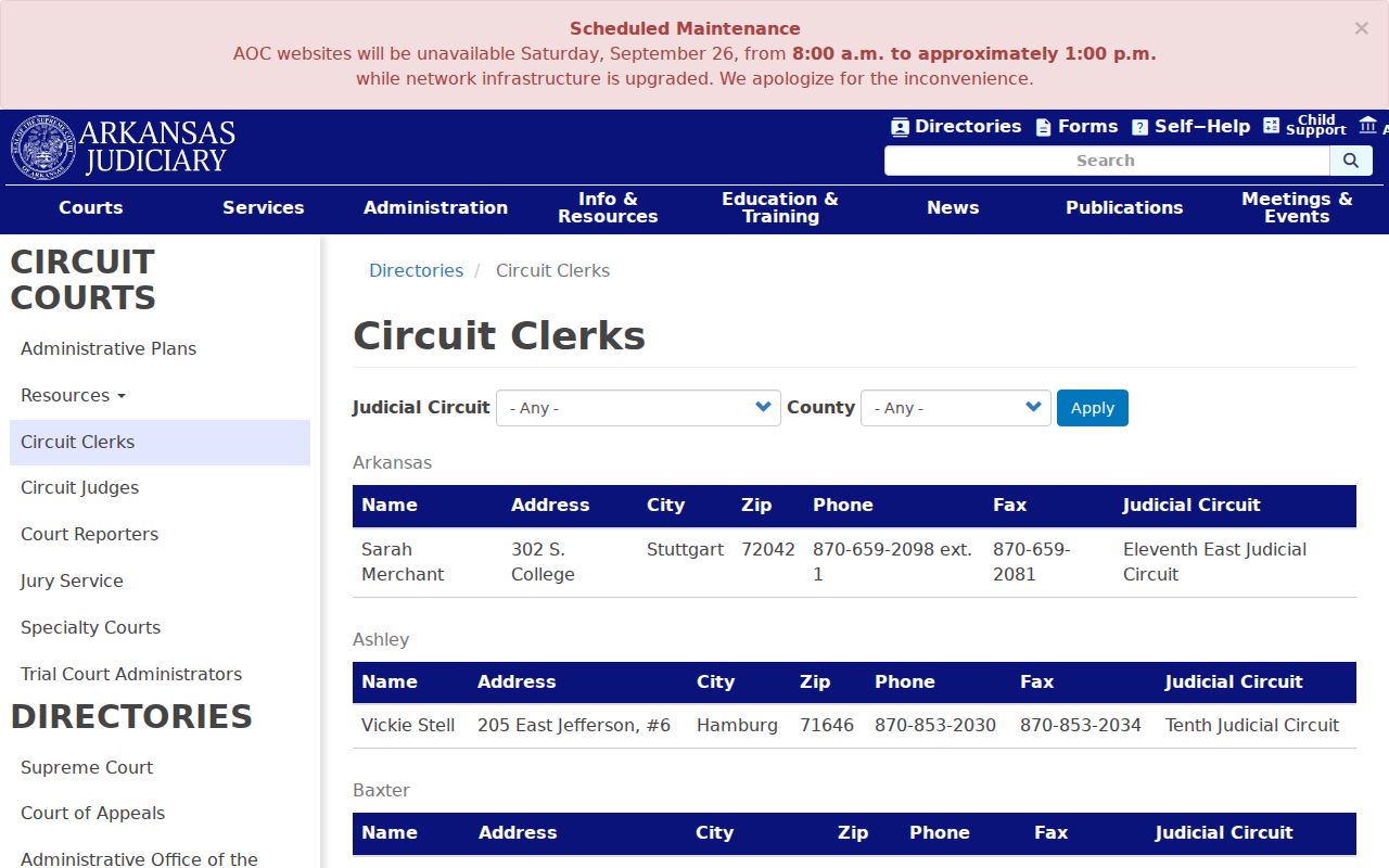 Arkansas court docket routing directory listing Circuit Clerk county contacts