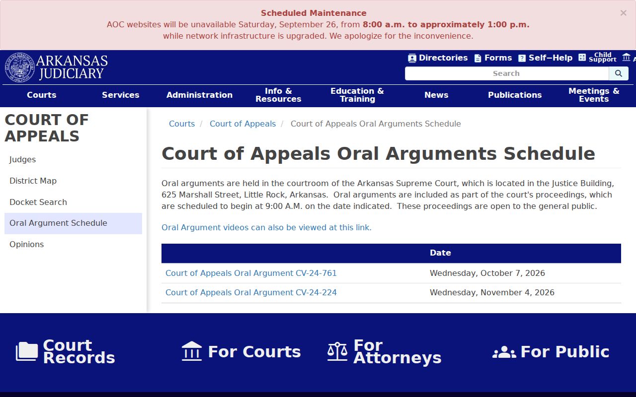 Arkansas court system Court of Appeals argument and sitting schedule