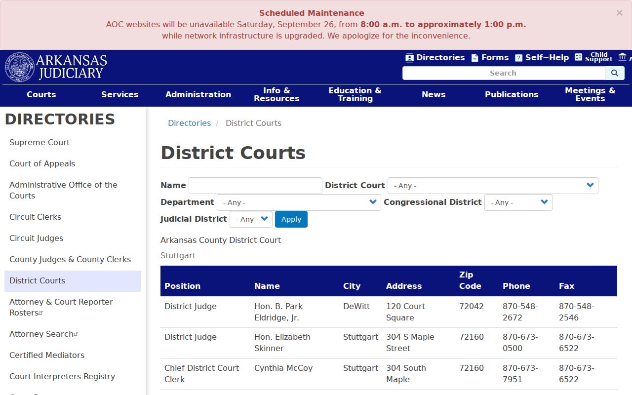 Arkansas court system District Court directory search for local court contacts