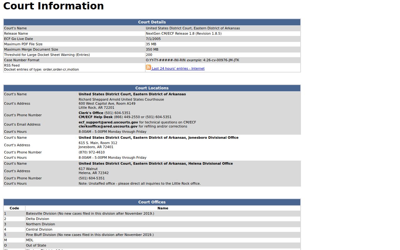 Arkansas federal court docket access page for the Eastern District