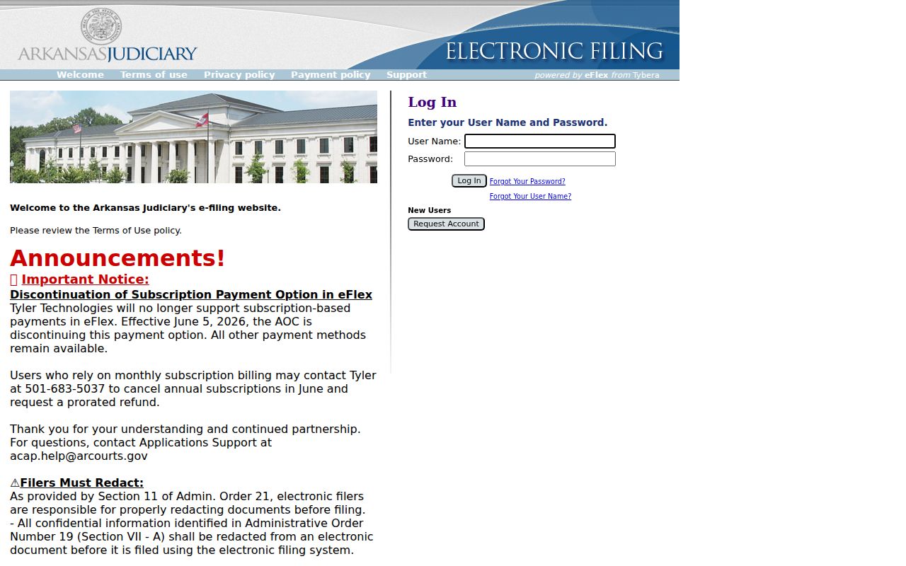 Arkansas case search distinction showing the filer-only Tybera eFlex sign-in screen