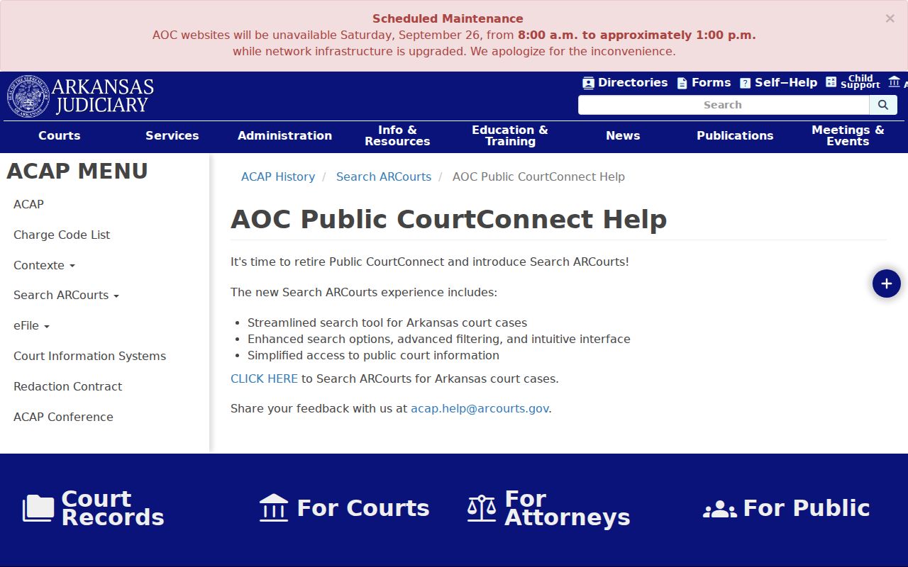 Arkansas case search legacy CourtConnect help page directing readers to Search ARCourts