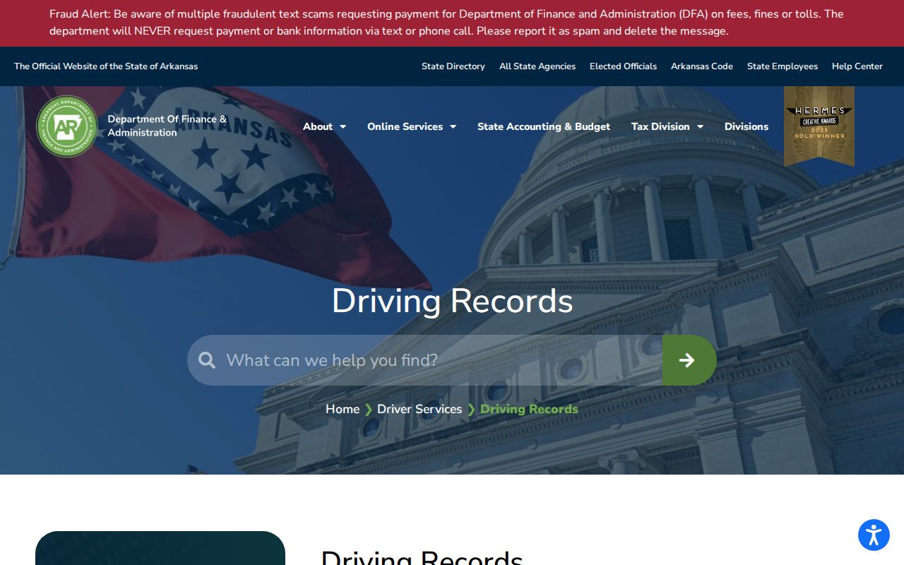 Arkansas traffic court record guide pointing to the DFA driver-record custodian