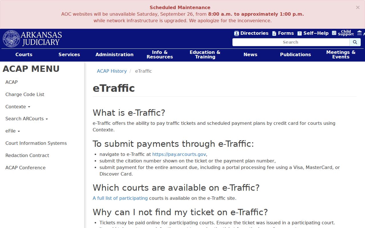 Arkansas court docket information about participating statewide eTraffic courts