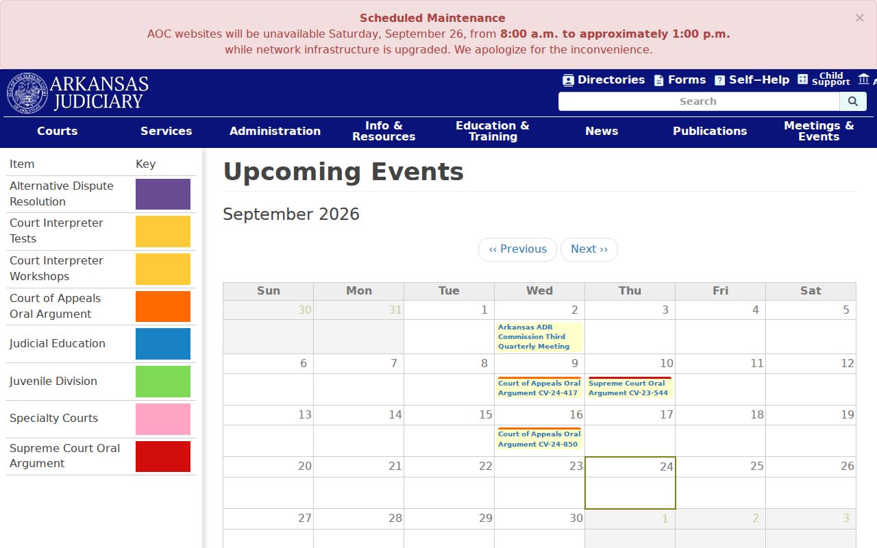 Arkansas court docket calendar page showing statewide judiciary events