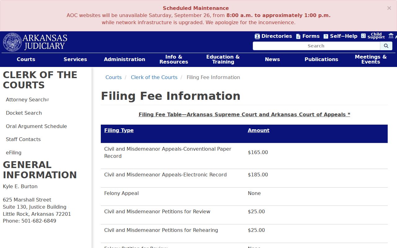 Arkansas court system appellate clerk fees for Supreme Court and Court of Appeals records