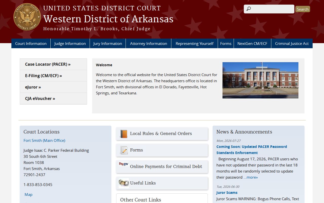 Arkansas federal court docket access page for the Western District